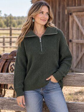 Half Zip Long Sleeve Sweater in Dk Olive